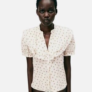 Zara Cream Red Prairie Floral Layered Collar Short Sleeve Button Blouse Size s